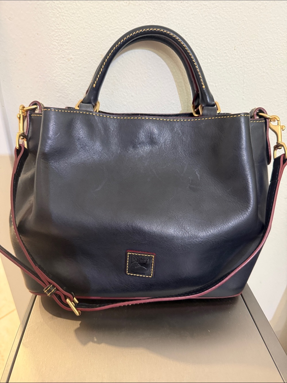 Dooney & Bourke Navy Leather Satchel Red Trim Shoulder Bag Crossbody